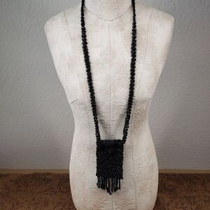 Antique Black Beaded Medicene Bag Necklace